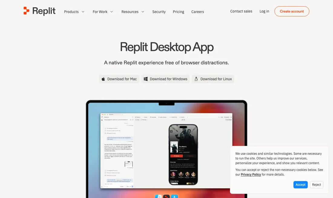 De downloadpagina van de Replit-desktopapp voor Mac, Windows en Linux